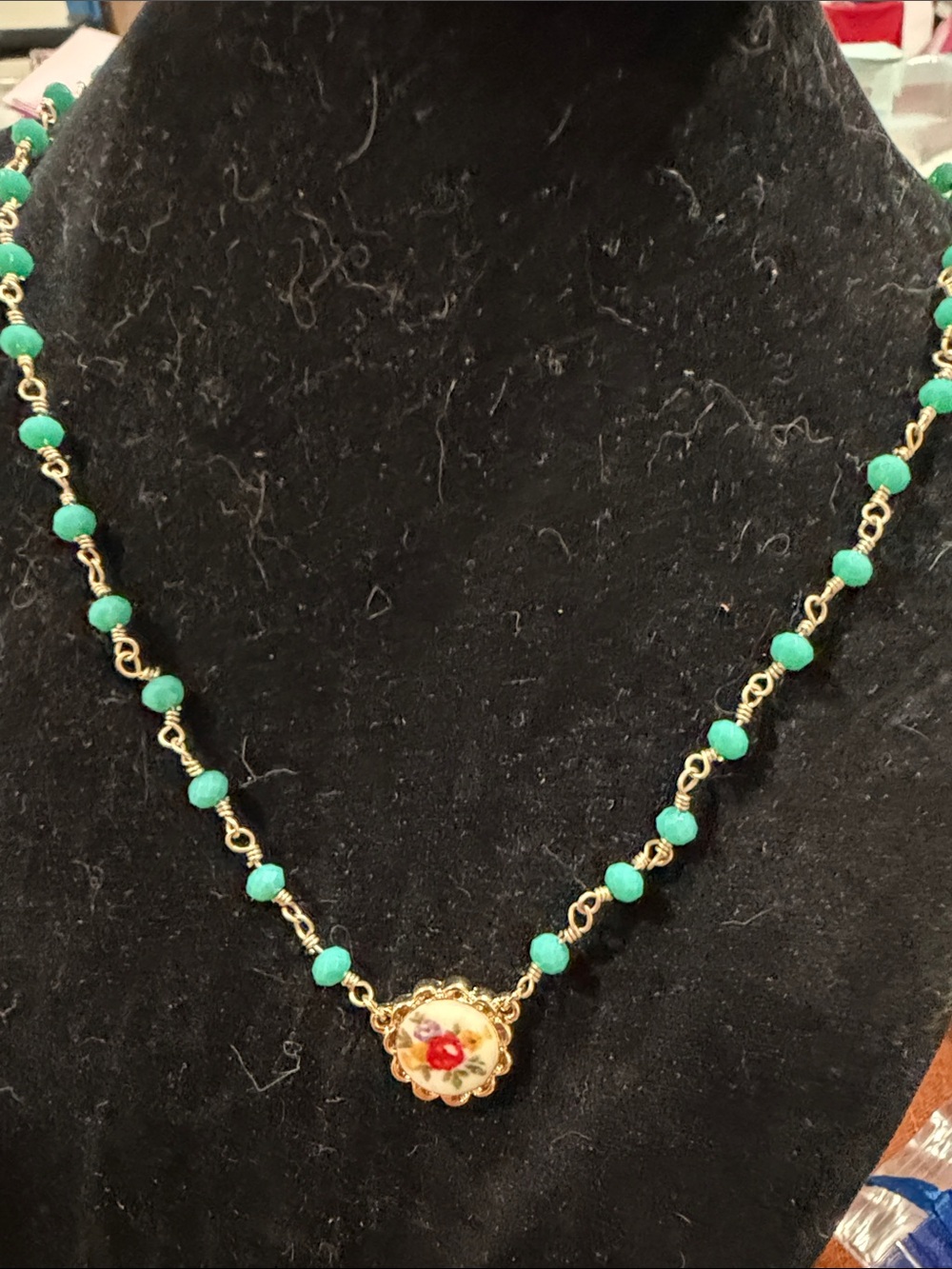 Gold-Tone Green Bead Necklace with Floral Pendant